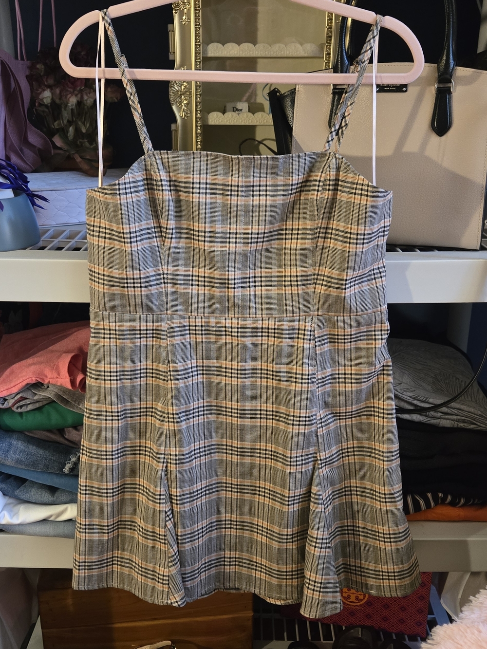 Urban Outfitters Beige & Gray Plaid Mini Dress with Braided Straps